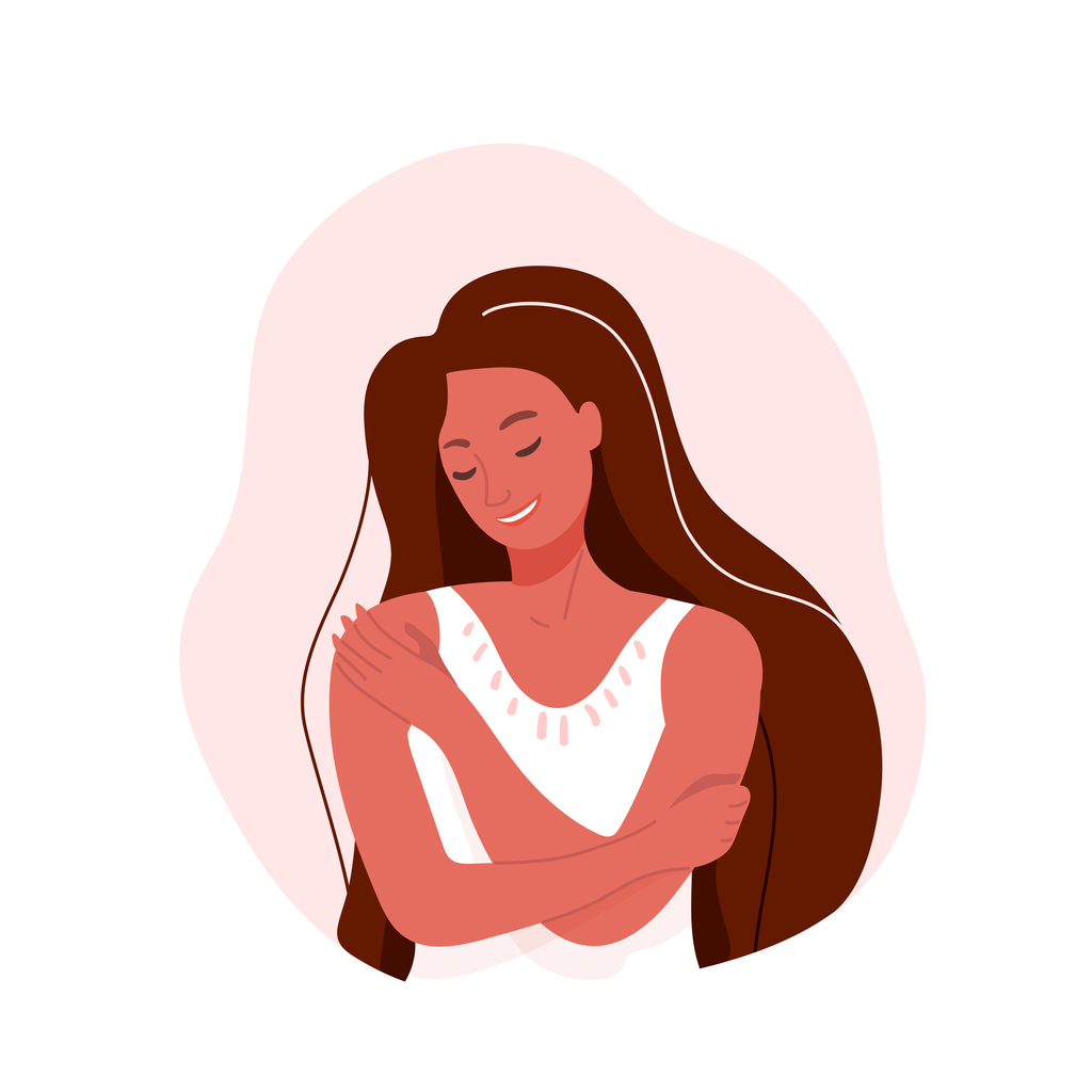 Love yourself vector illustration. Smiling woman hug herself. Body care design concept isolated on white background