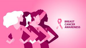 Breast Cancer Awareness Pink banner. Different Women stay together on pink background with Pink ribbon. The concept of support, information and gentle help. Modern vector illustration.