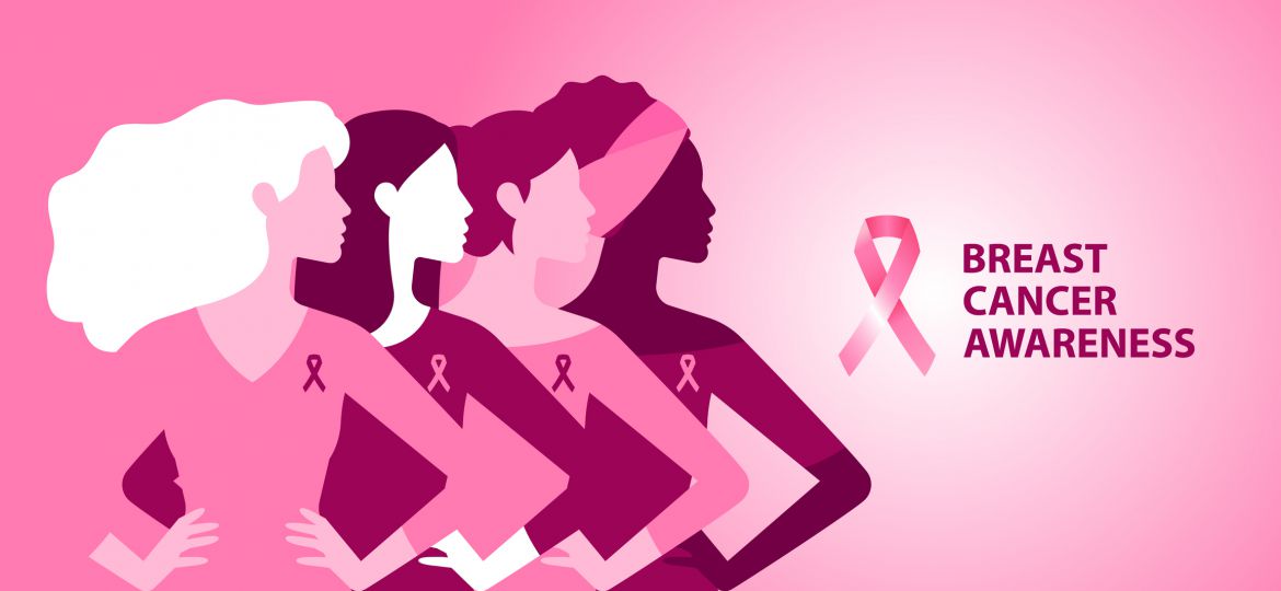 Breast Cancer Awareness Pink banner. Different Women stay together on pink background with Pink ribbon. The concept of support, information and gentle help. Modern vector illustration.